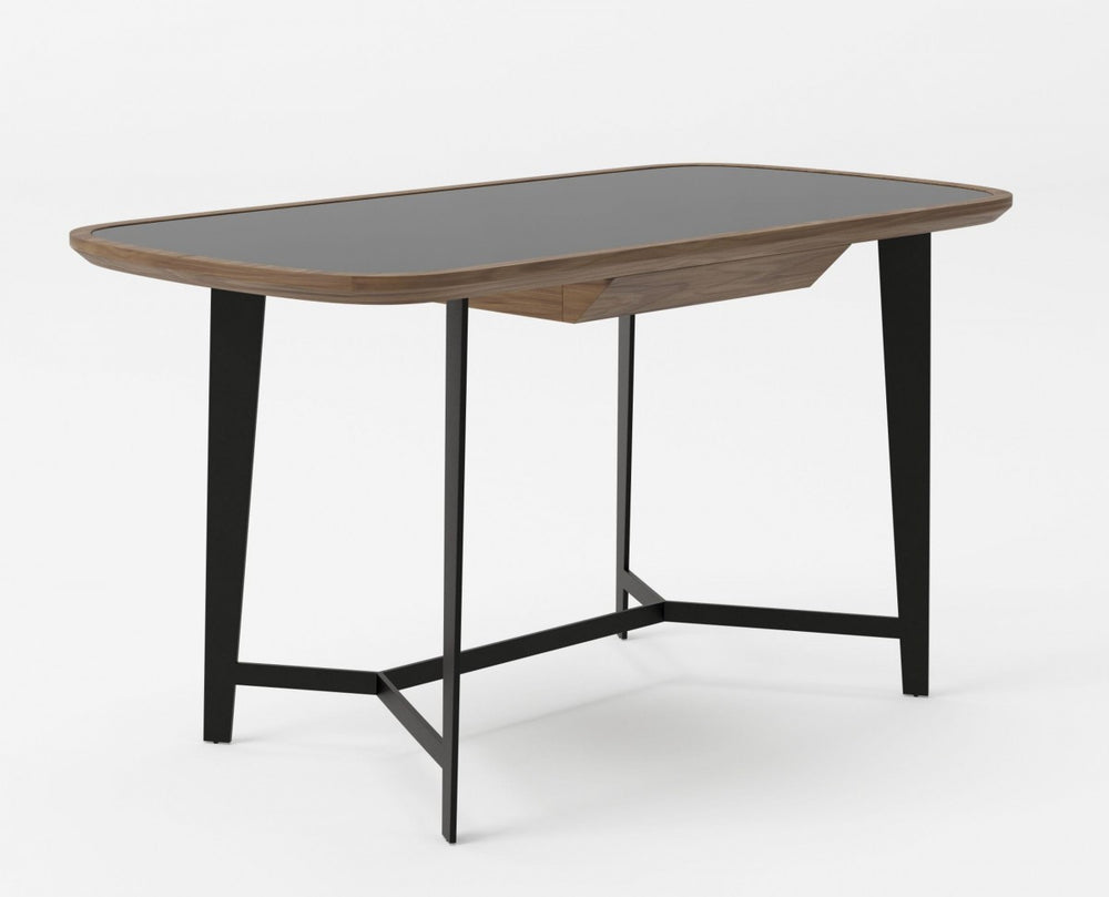 55" Walnut And Black Glass Rectangular Writing Desk - Homeroots