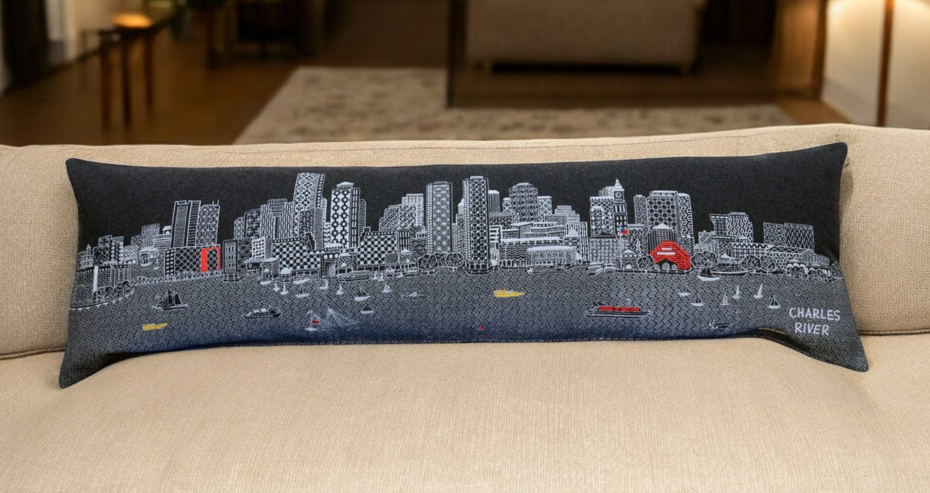 46" Black Boston Nighttime Skyline Lumbar Decorative Pillow - Homeroots - Flyclothing LLC