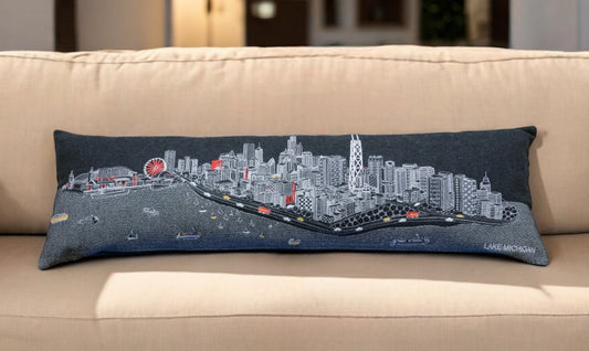 46" Black Chicago Nighttime Skyline Lumbar Decorative Pillow - Homeroots