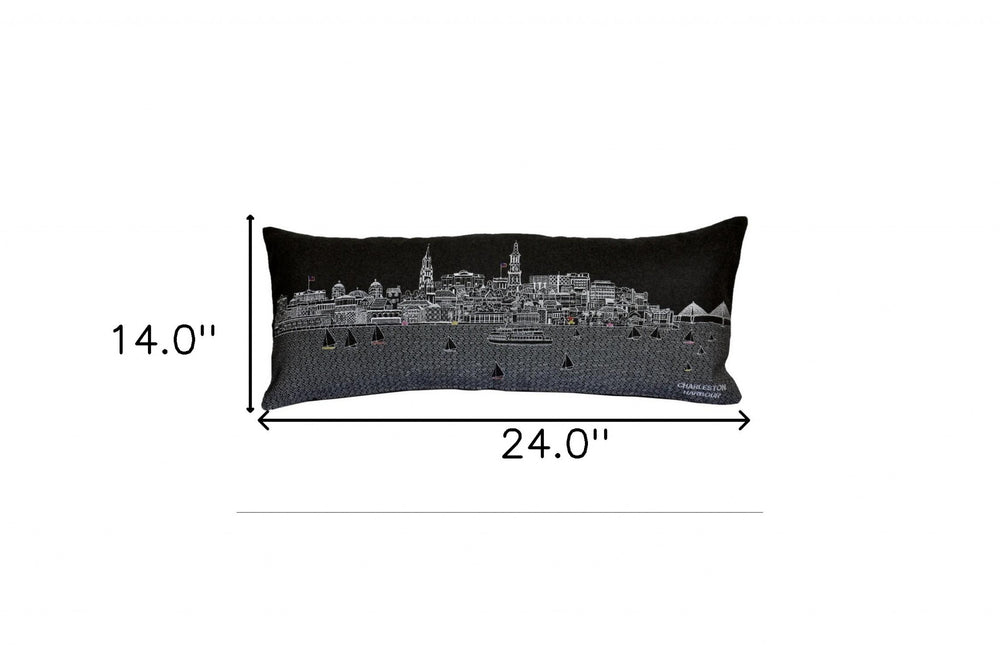 25" Black Charleston Nighttime Skyline Lumbar Decorative Pillow - Homeroots - Flyclothing LLC