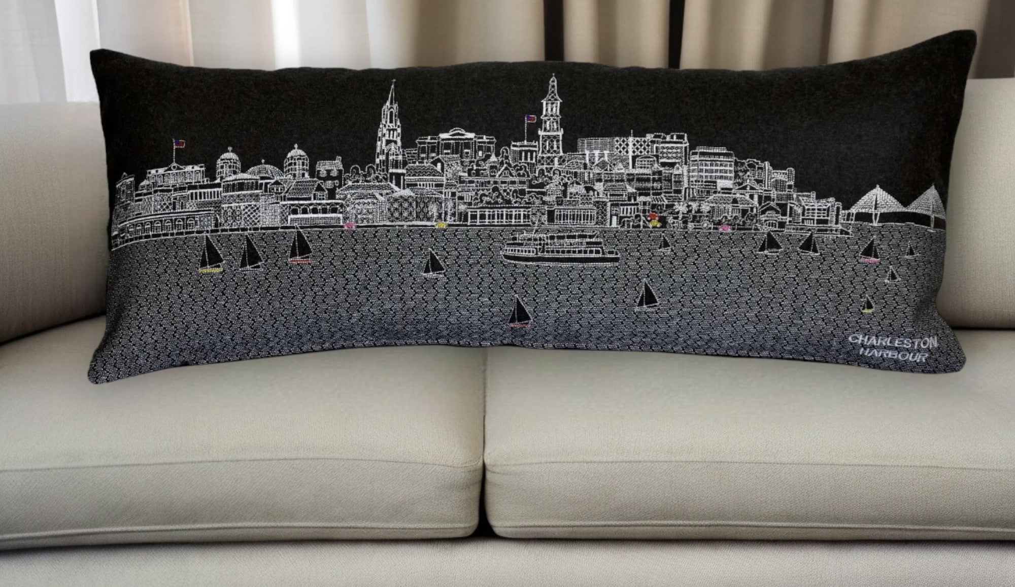 25" Black Charleston Nighttime Skyline Lumbar Decorative Pillow - Homeroots - Flyclothing LLC