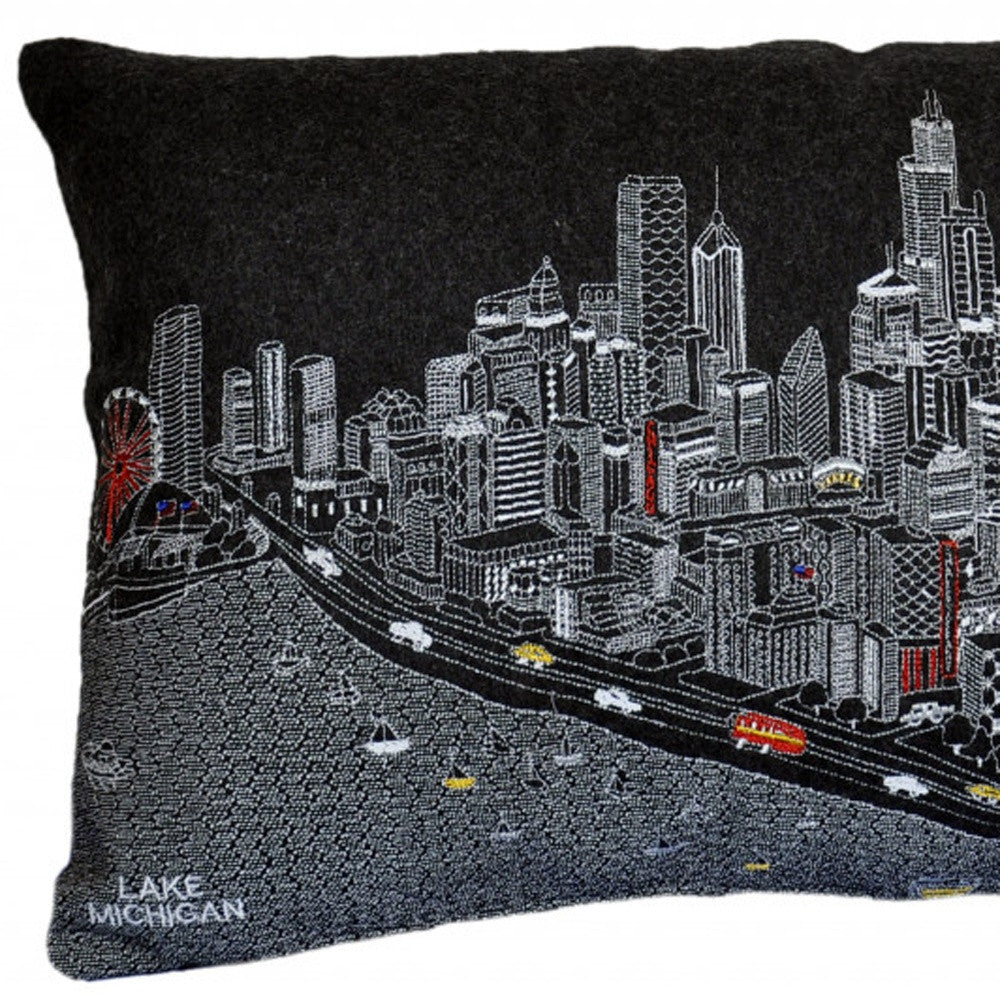 25" Black Chicago Nighttime Skyline Lumbar Decorative Pillow - Homeroots - Flyclothing LLC