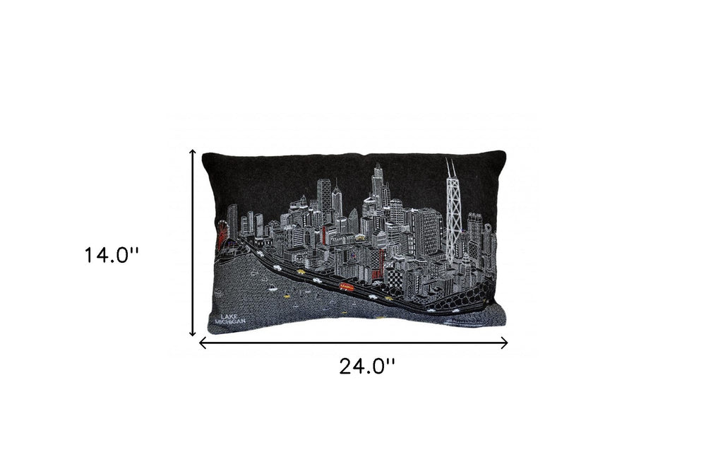 25" Black Chicago Nighttime Skyline Lumbar Decorative Pillow - Homeroots - Flyclothing LLC