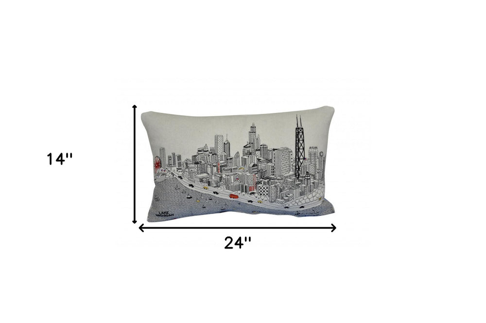 25" White Chicago Daylight Skyline Lumbar Decorative Pillow - Homeroots - Flyclothing LLC