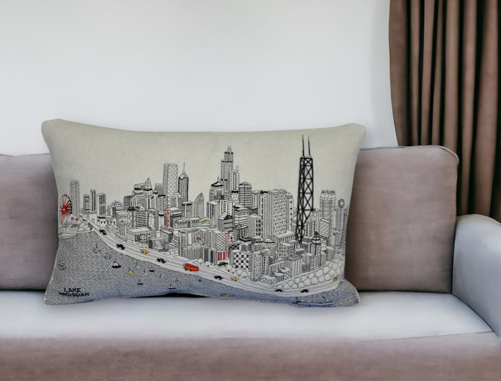25" White Chicago Daylight Skyline Lumbar Decorative Pillow - Homeroots