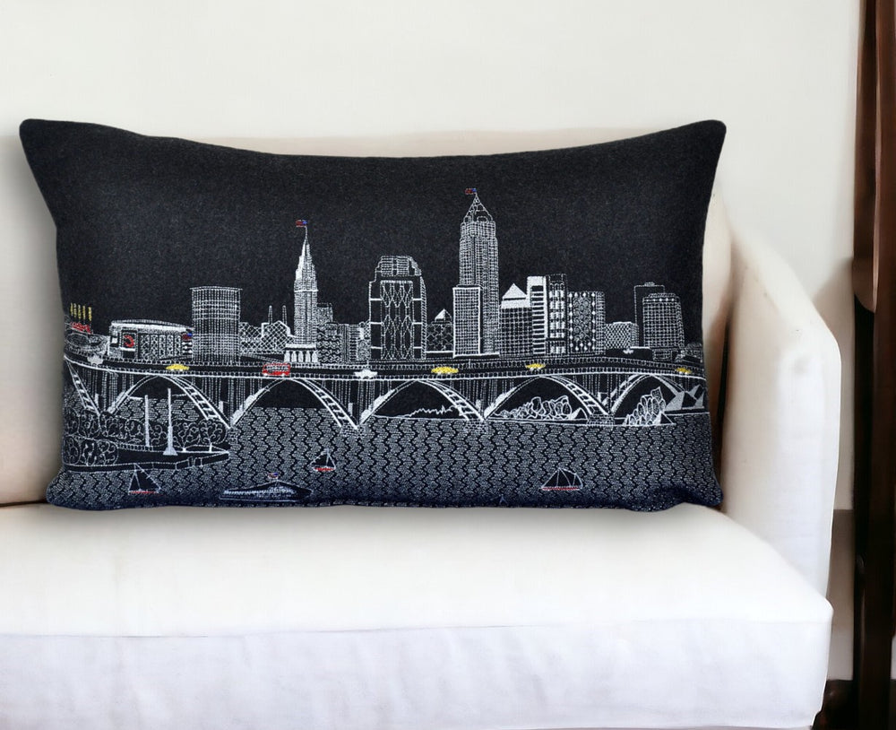25" Black Cleveland Nighttime Skyline Lumbar Decorative Pillow - Homeroots