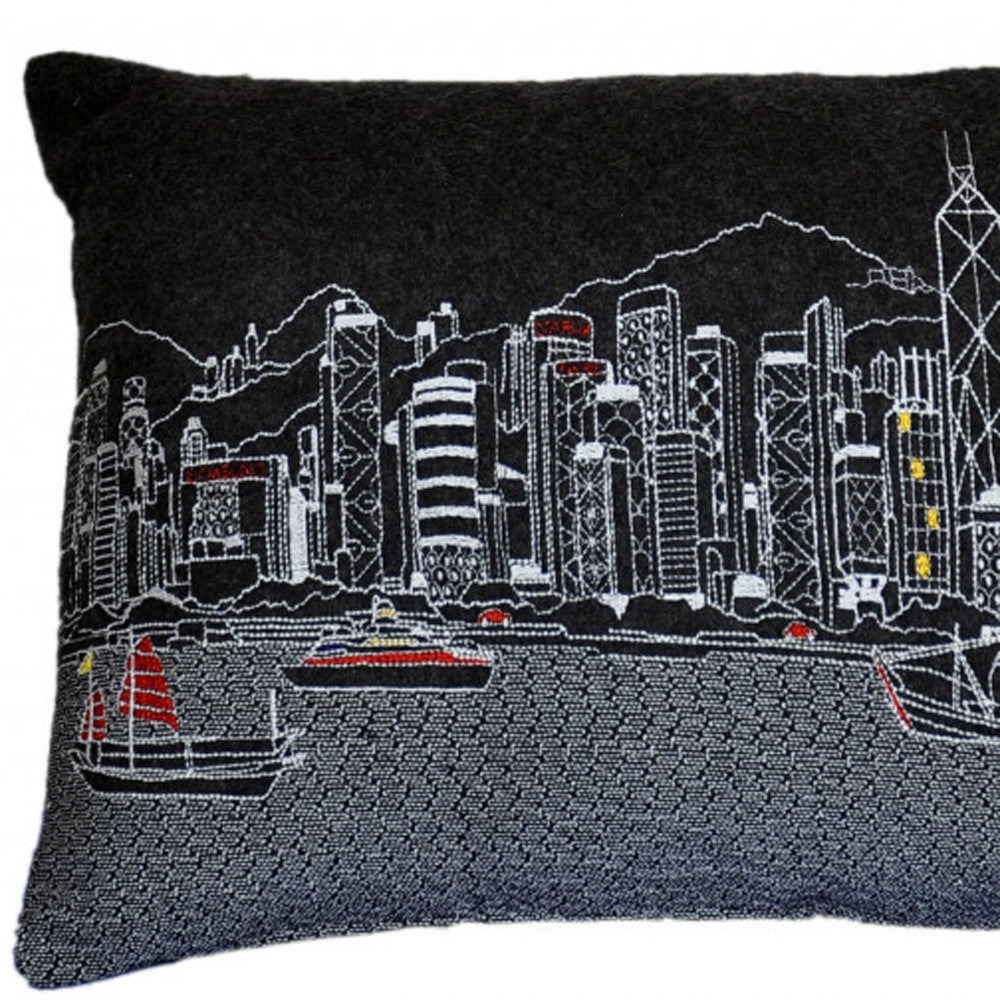 14" X 24" Black Gray and White Wool Lumbar Throw Pillow - Homeroots - Flyclothing LLC
