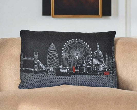 25" Black London Nighttime Skyline Lumbar Decorative Pillow - Homeroots
