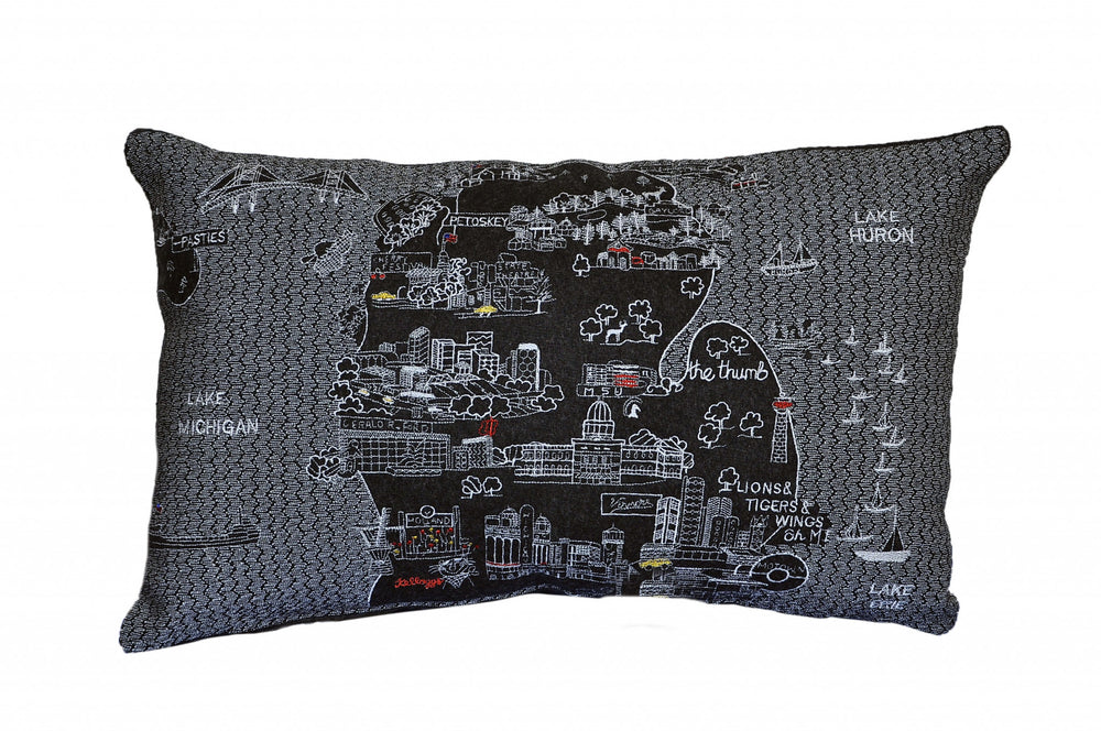 25" Black Michigan Lower Peninsula Nighttime Skyline Lumbar Decorative Pillow - Homeroots - Flyclothing LLC
