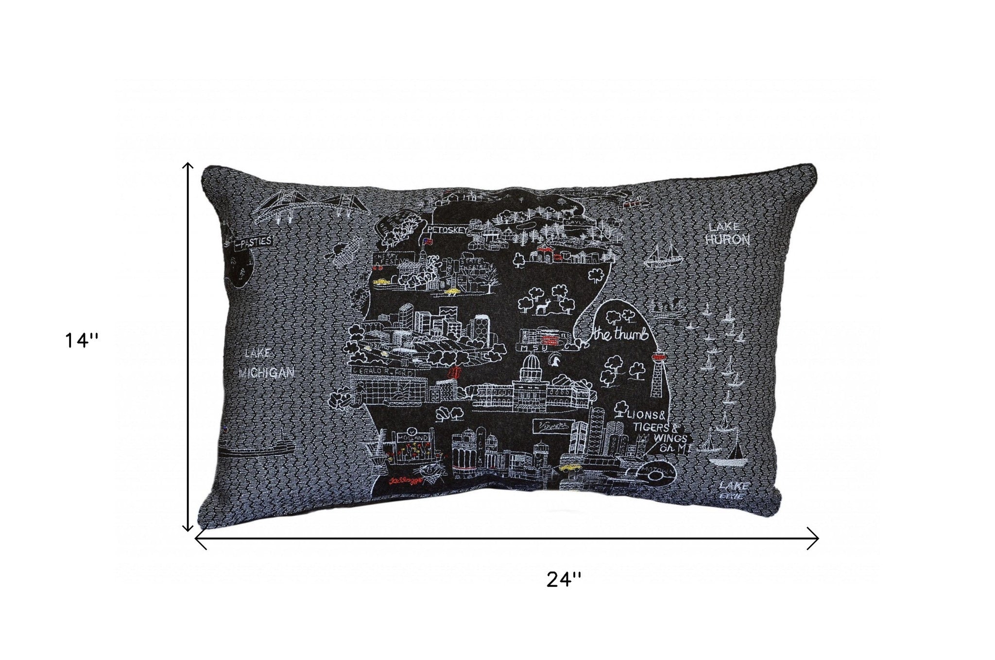25" Black Michigan Lower Peninsula Nighttime Skyline Lumbar Decorative Pillow - Homeroots - Flyclothing LLC