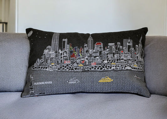 25" Black NYC Nighttime Skyline Lumbar Decorative Pillow - Homeroots