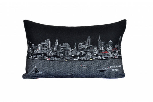 25" Black Philadelphia Nighttime Skyline Lumbar Decorative Pillow - Homeroots