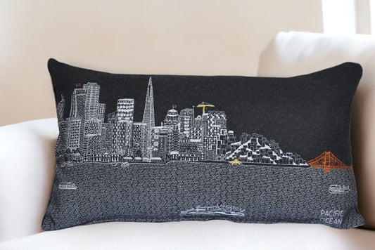 25" Black San Francisco Nighttime Skyline Lumbar Decorative Pillow - Homeroots