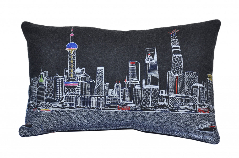 25" Black Shanghai Nighttime Skyline Lumbar Decorative Pillow - Homeroots - Flyclothing LLC