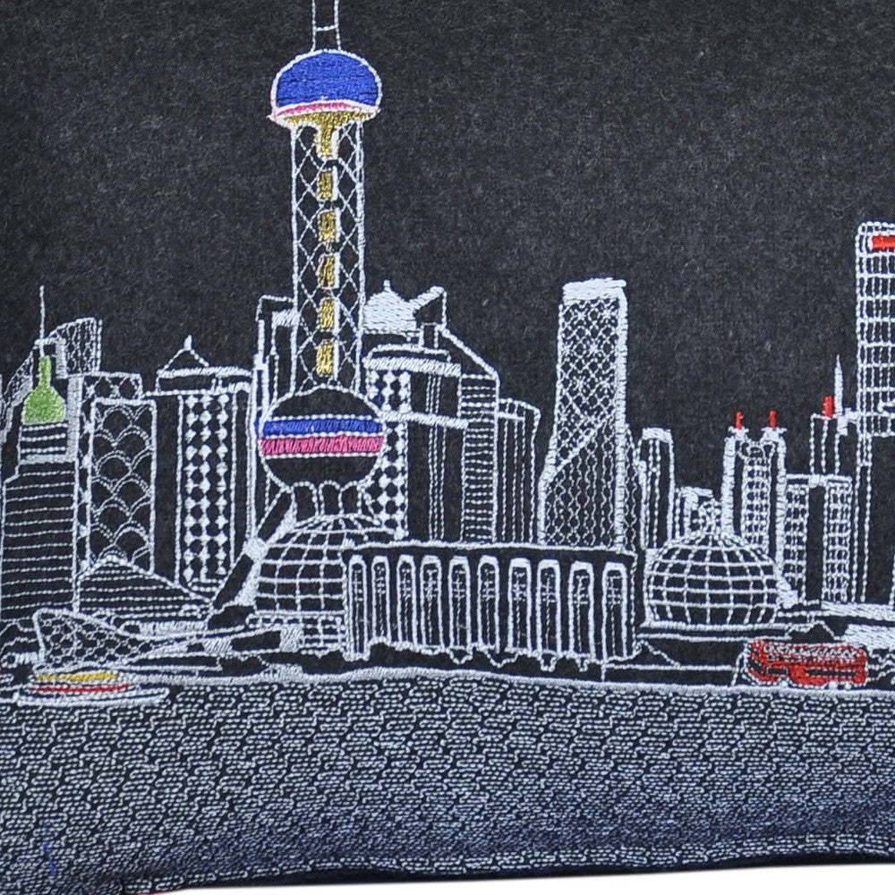 25" Black Shanghai Nighttime Skyline Lumbar Decorative Pillow - Homeroots - Flyclothing LLC