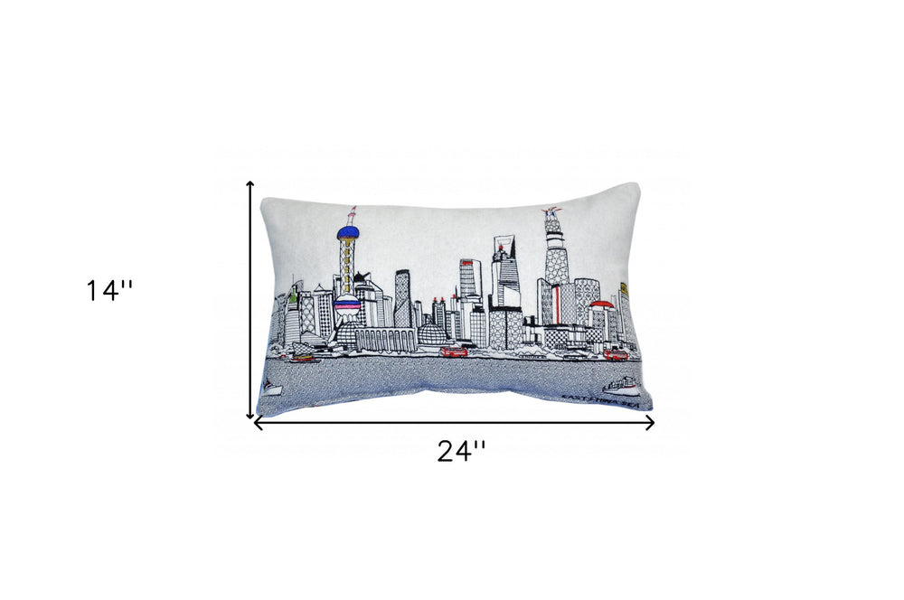 25" White Shanghai Daylight Skyline Lumbar Decorative Pillow - Homeroots - Flyclothing LLC