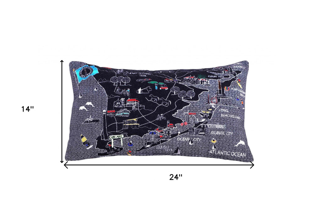 25" Black Jersey Shore Nighttime Skyline Lumbar Decorative Pillow - Homeroots - Flyclothing LLC