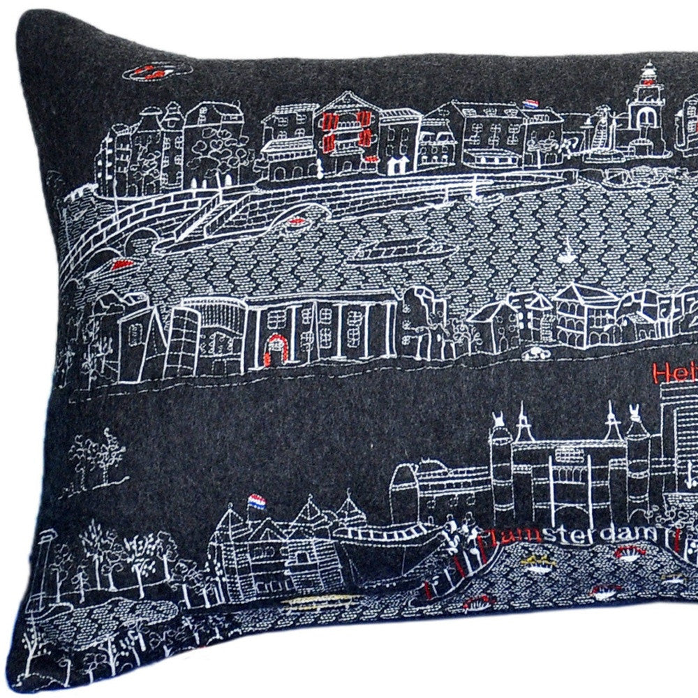 35" Black Amsterdam Nighttime Skyline Lumbar Decorative Pillow - Homeroots - Flyclothing LLC