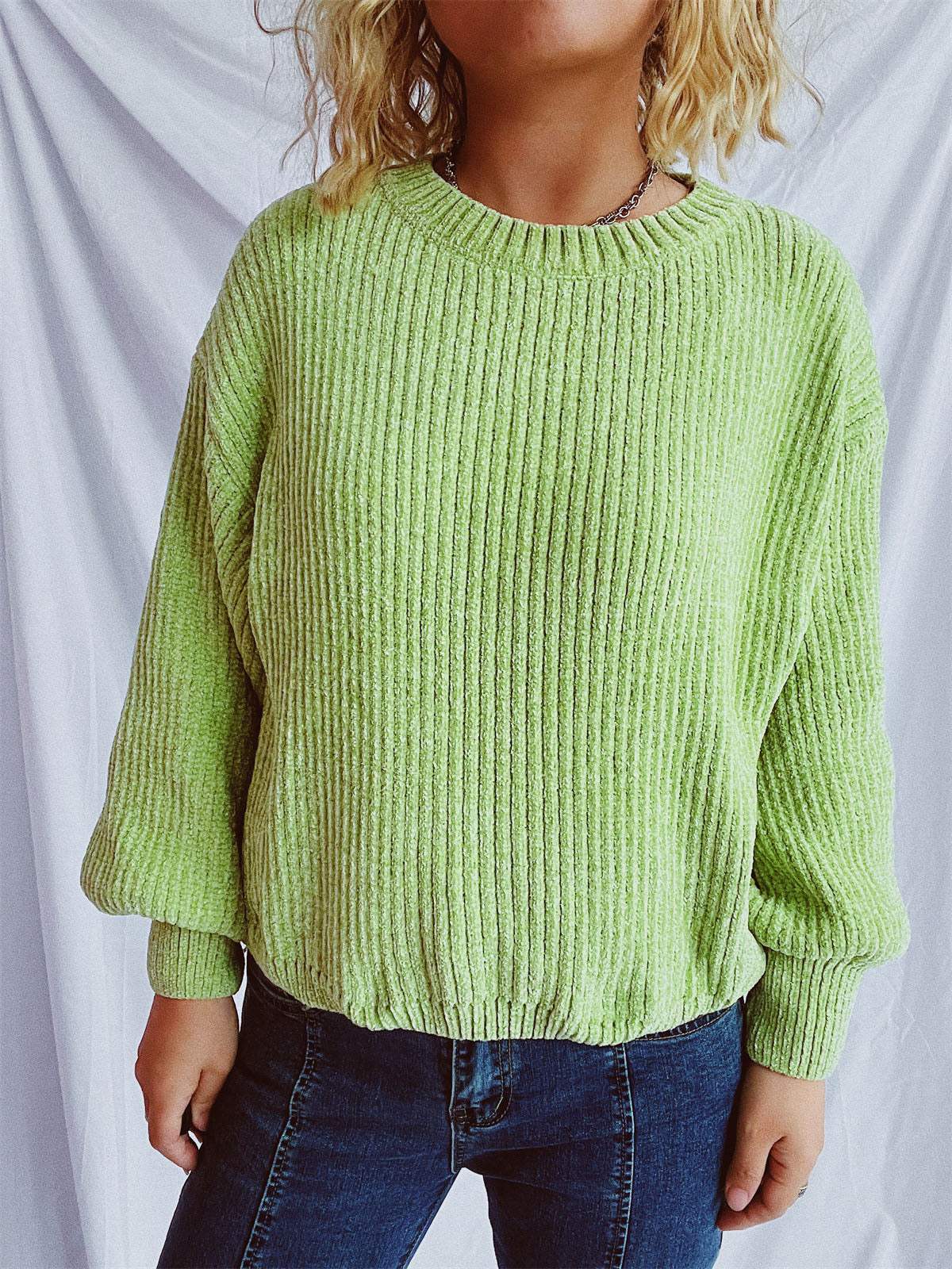 Round Neck Dropped Shoulder Long Sleeve Sweater - Trendsi - Flyclothing LLC