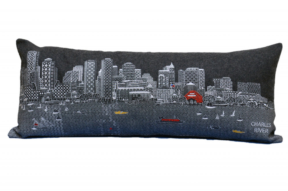 35" Black Boston Nighttime Skyline Lumbar Decorative Pillow - Homeroots - Flyclothing LLC
