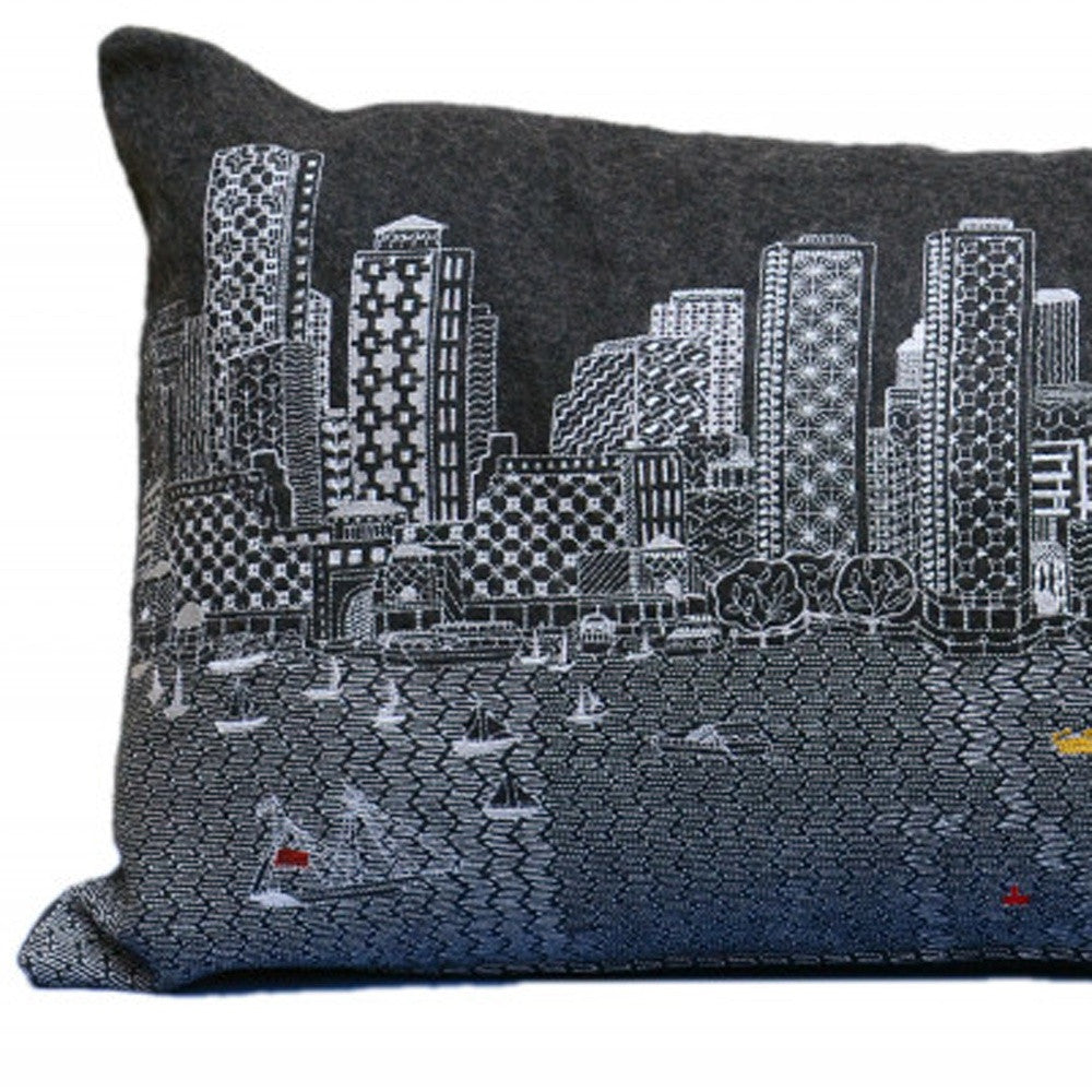 35" Black Boston Nighttime Skyline Lumbar Decorative Pillow - Homeroots - Flyclothing LLC