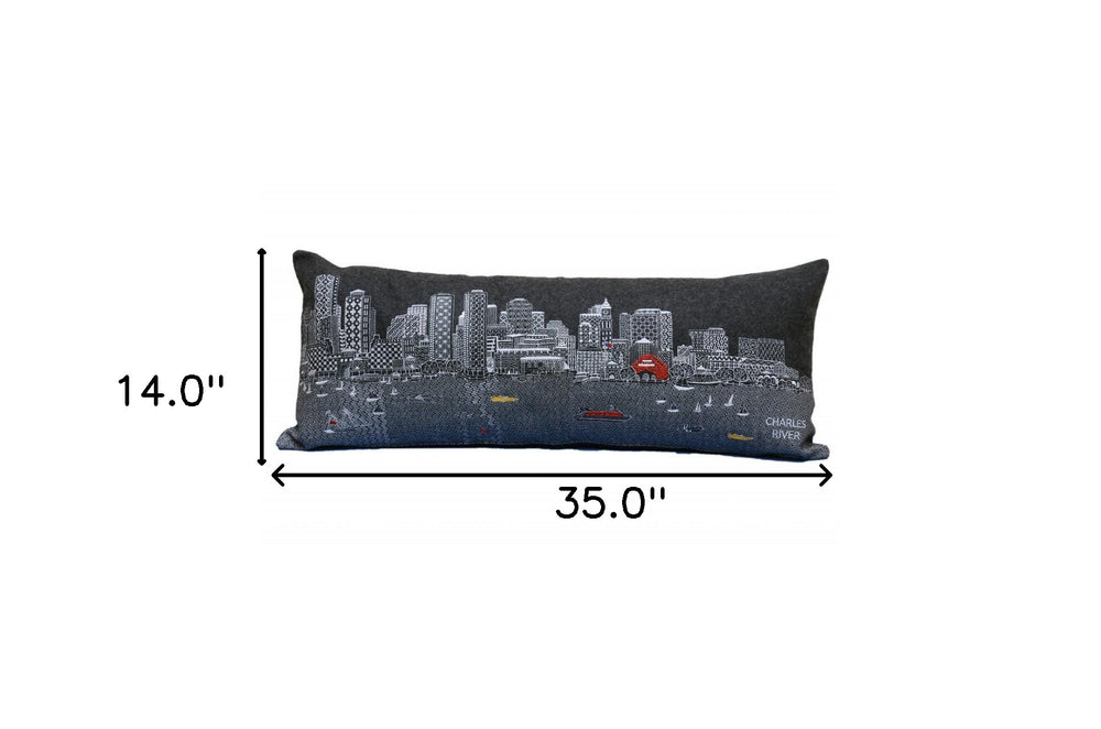 35" Black Boston Nighttime Skyline Lumbar Decorative Pillow - Homeroots - Flyclothing LLC