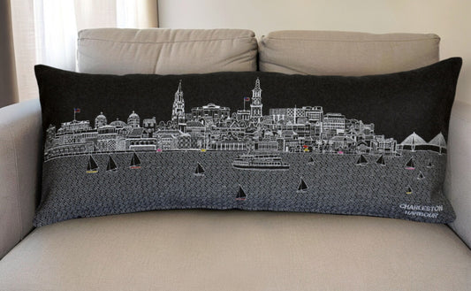 35" Black Charleston Nighttime Skyline Lumbar Decorative Pillow - Homeroots