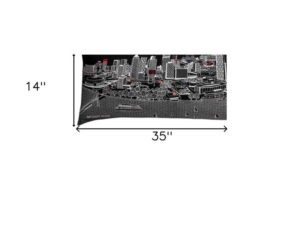 35" Black Detroit Nighttime Skyline Lumbar Decorative Pillow - Homeroots - Flyclothing LLC
