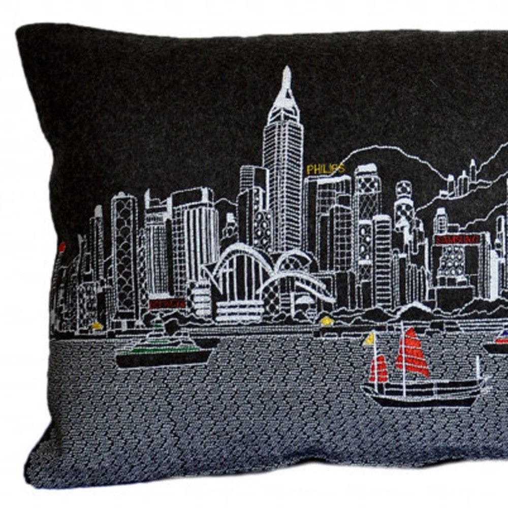35" Black Hong Kong Nighttime Skyline Lumbar Decorative Pillow - Homeroots - Flyclothing LLC