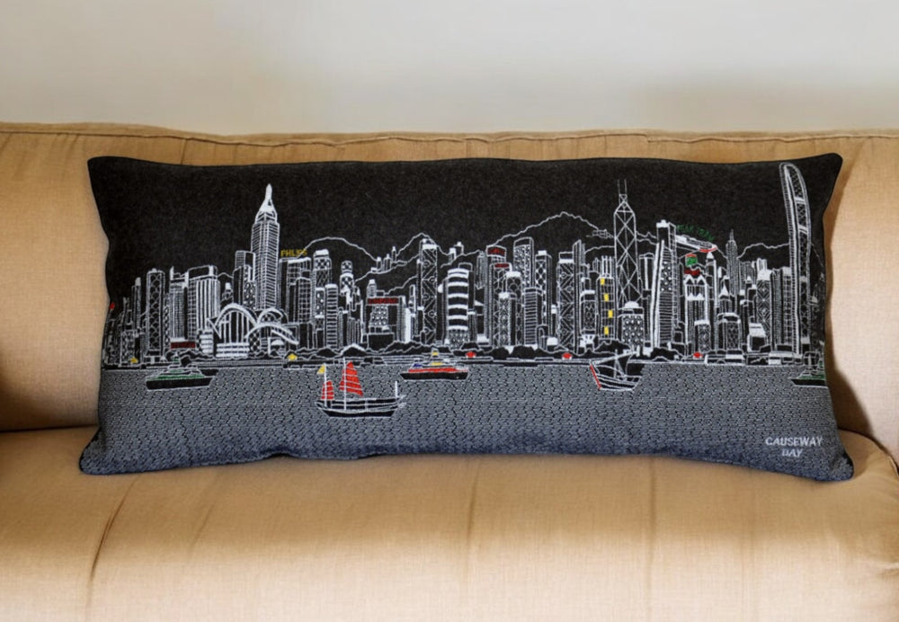 35" Black Hong Kong Nighttime Skyline Lumbar Decorative Pillow - Homeroots - Flyclothing LLC