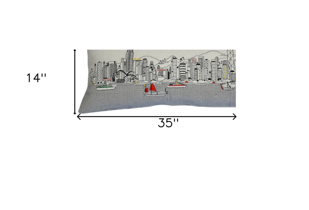 35" White Hong Kong Daylight Skyline Lumbar Decorative Pillow - Homeroots - Flyclothing LLC