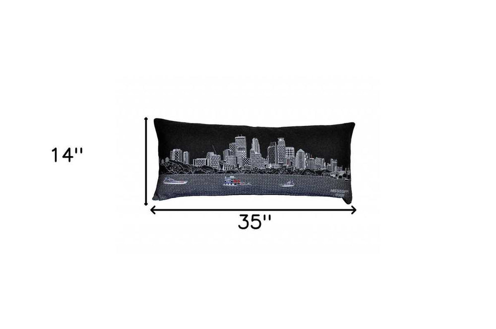 35" Black Minneapolis Nighttime Skyline Lumbar Decorative Pillow - Homeroots - Flyclothing LLC