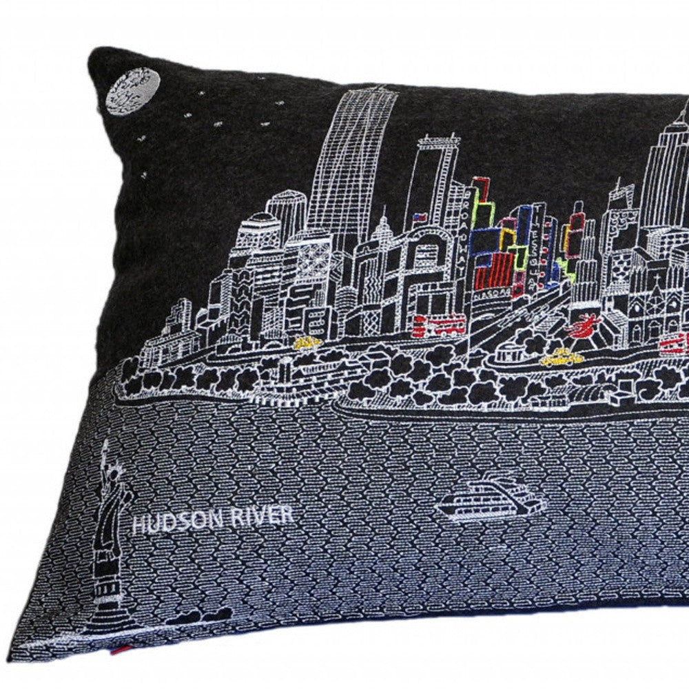 35" Black NYC Nighttime Skyline Lumbar Decorative Pillow - Homeroots - Flyclothing LLC