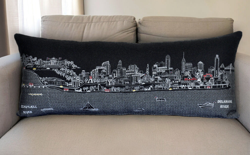 35" Black Philadelphia Nighttime Skyline Lumbar Decorative Pillow - Homeroots - Flyclothing LLC