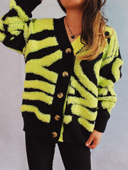 Contrast Button Up Long Sleeve Cardigan - Trendsi