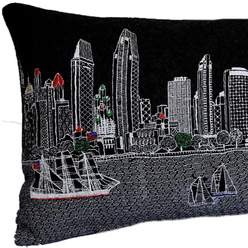 35" Black San Diego Nighttime Skyline Lumbar Decorative Pillow - Homeroots - Flyclothing LLC