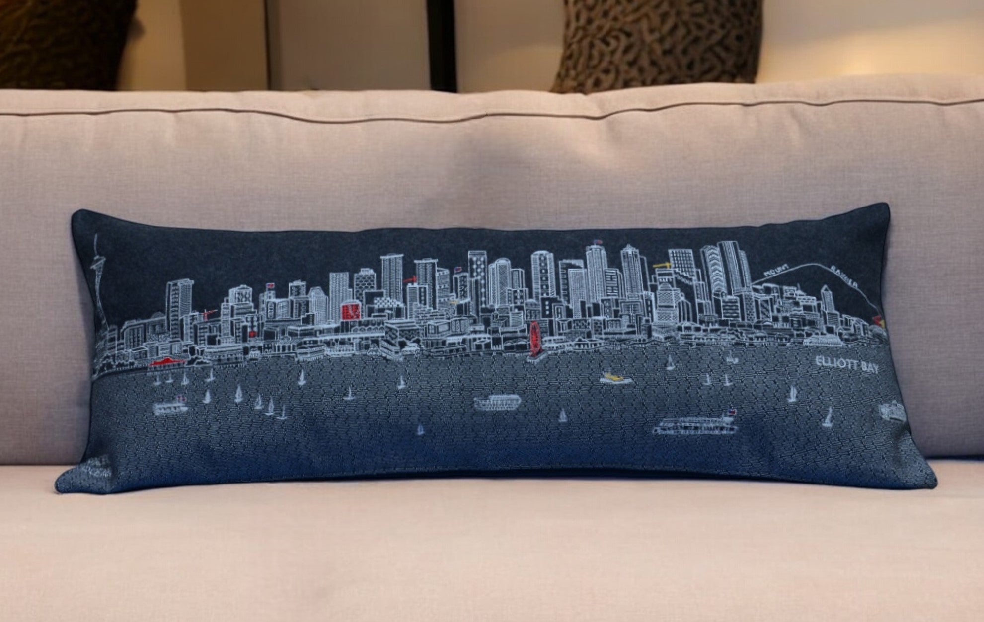 35" Black Seattle Nighttime Skyline Lumbar Decorative Pillow - Homeroots - Flyclothing LLC