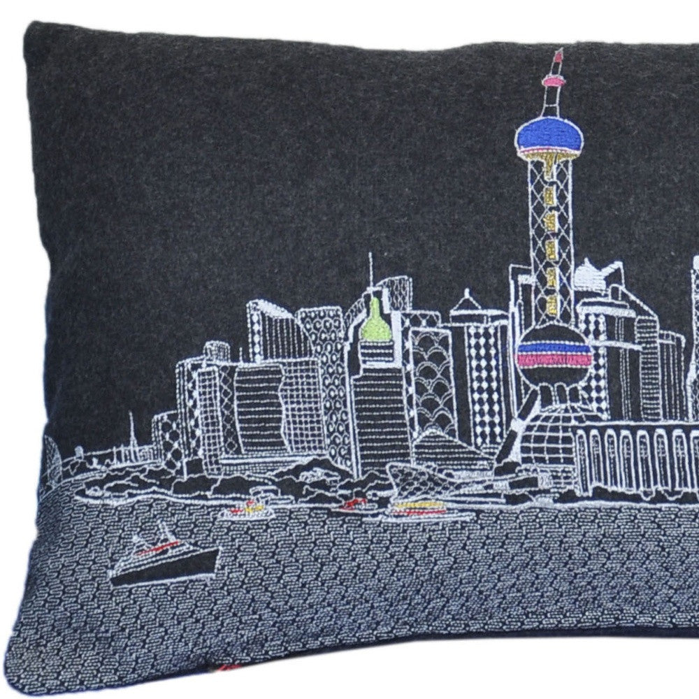 35" Black Shanghai Nighttime Skyline Lumbar Decorative Pillow - Homeroots - Flyclothing LLC