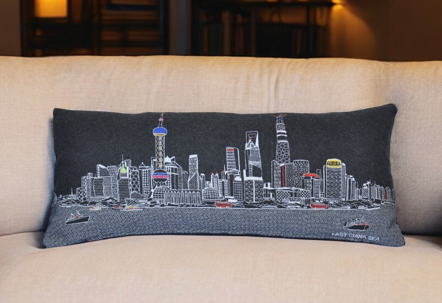 35" Black Shanghai Nighttime Skyline Lumbar Decorative Pillow - Homeroots - Flyclothing LLC