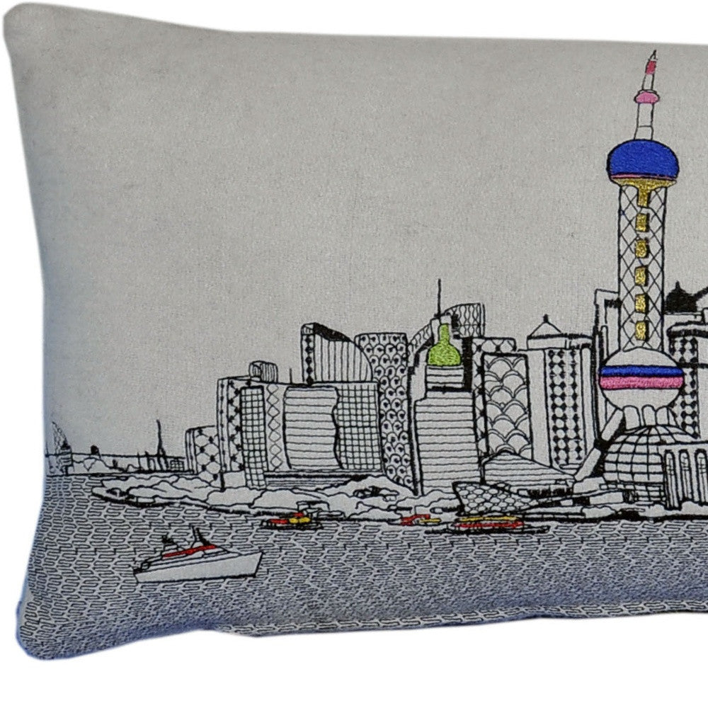 35" White Shanghai Daylight Skyline Lumbar Decorative Pillow - Homeroots - Flyclothing LLC