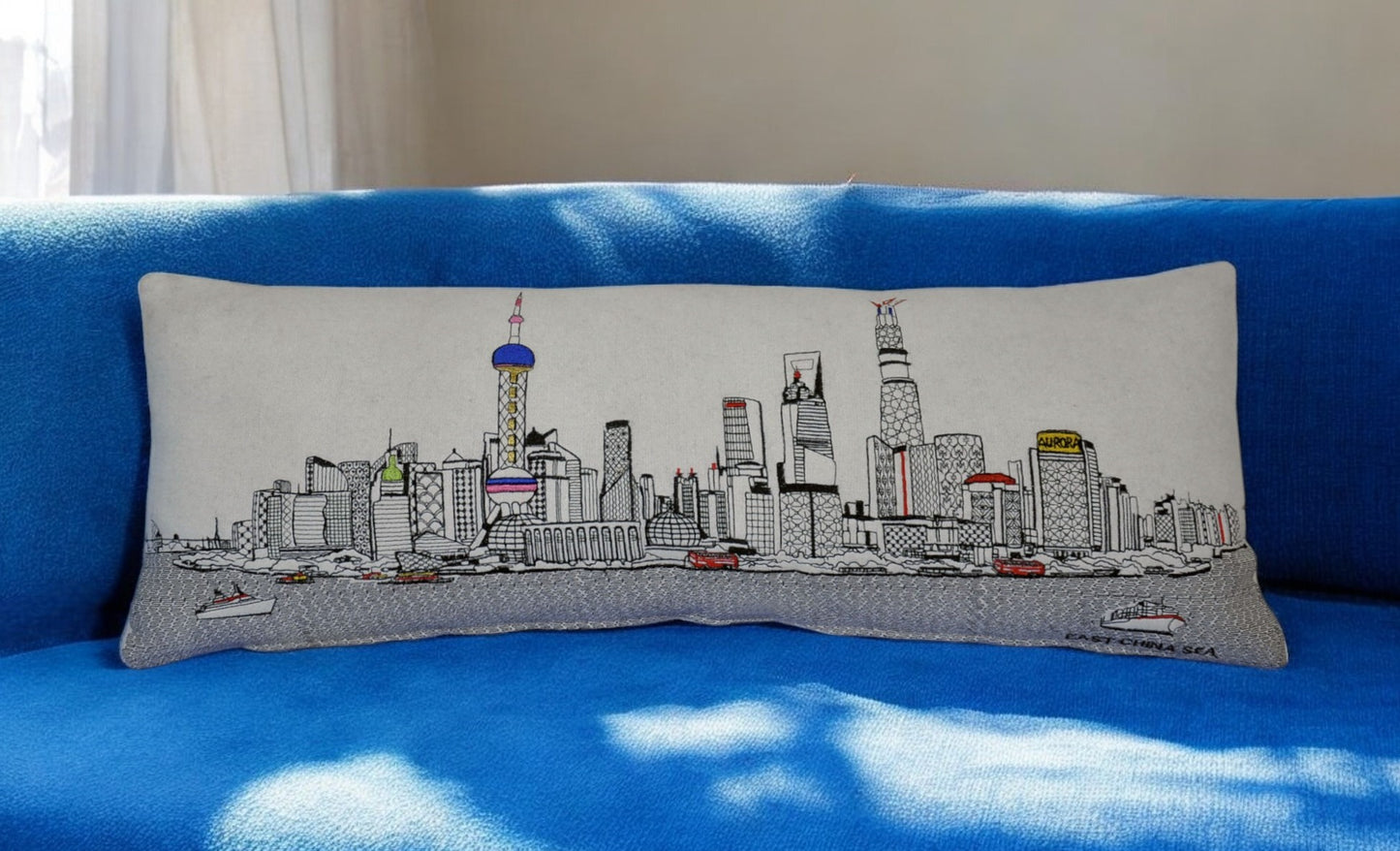 35" White Shanghai Daylight Skyline Lumbar Decorative Pillow - Homeroots - Flyclothing LLC