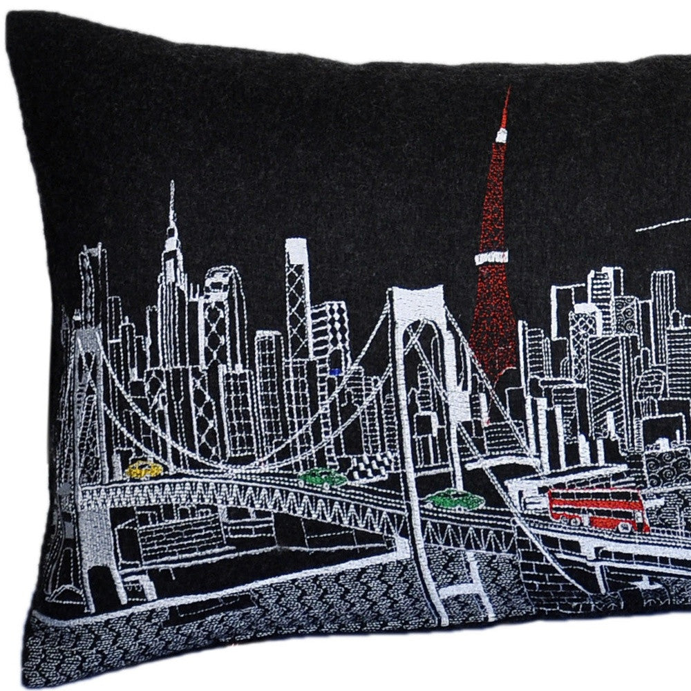35" Black Tokyo Nighttime Skyline Lumbar Decorative Pillow - Homeroots - Flyclothing LLC