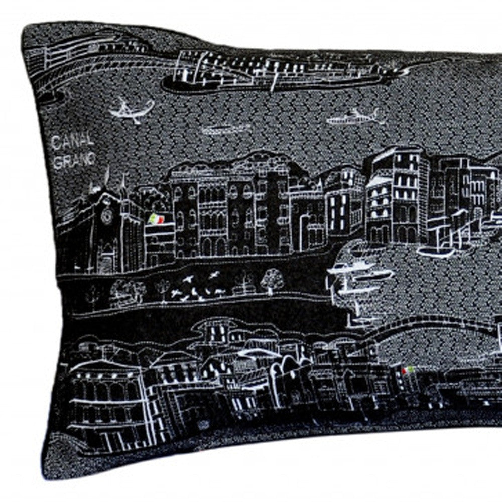 35" Black Venice Nighttime Skyline Lumbar Decorative Pillow - Homeroots - Flyclothing LLC