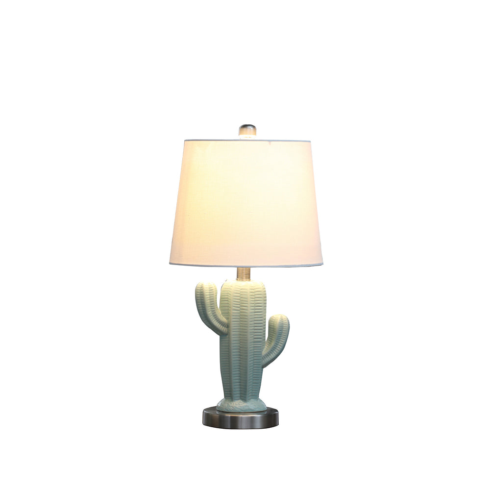 22" Pale Blue Green Ceramic Cactus Table Lamp With White Shade - Homeroots