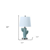 22" Pale Blue Green Ceramic Cactus Table Lamp With White Shade - Homeroots