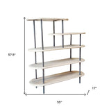 58" White and Gray Iron and Solid Wood Five Tier Bookcase - Homeroots