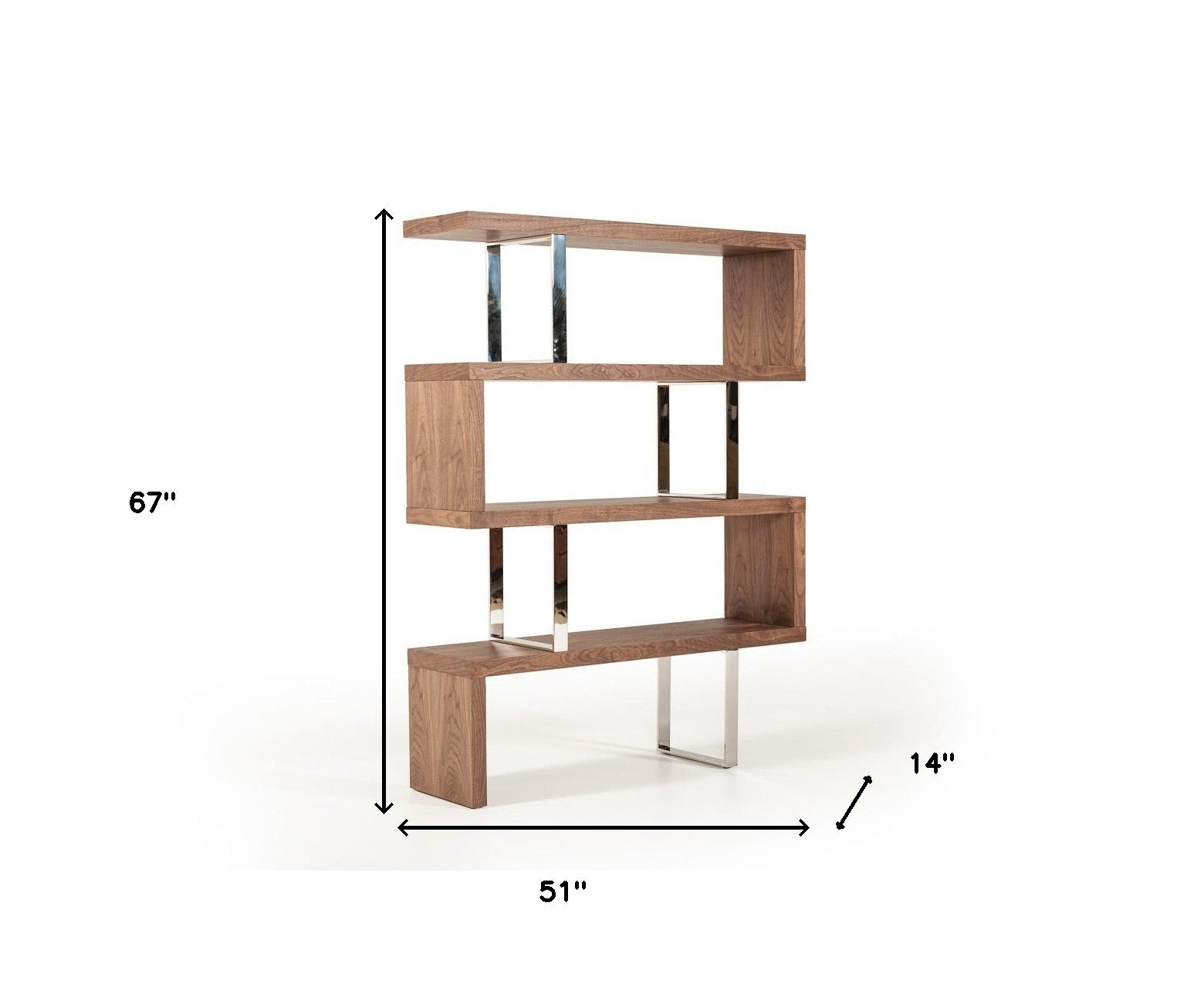 67" Walnut Manufactured Wood Four Tier Zig Zag Bookcase - Homeroots - Flyclothing LLC