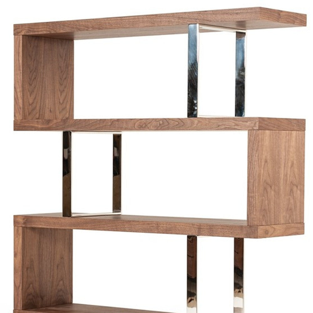 67" Walnut Manufactured Wood Four Tier Zig Zag Bookcase - Homeroots - Flyclothing LLC