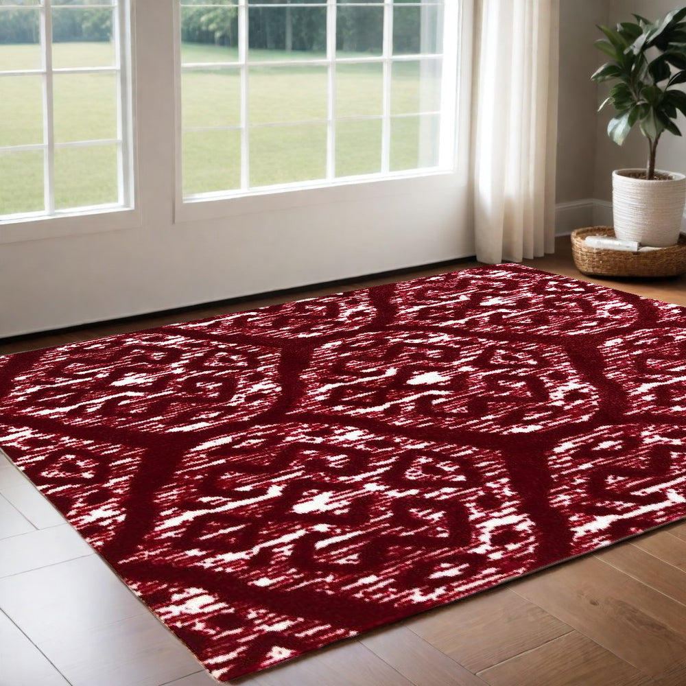 2' X 4' Red And White Ikat Tufted Washable Non Skid Area Rug - Homeroots