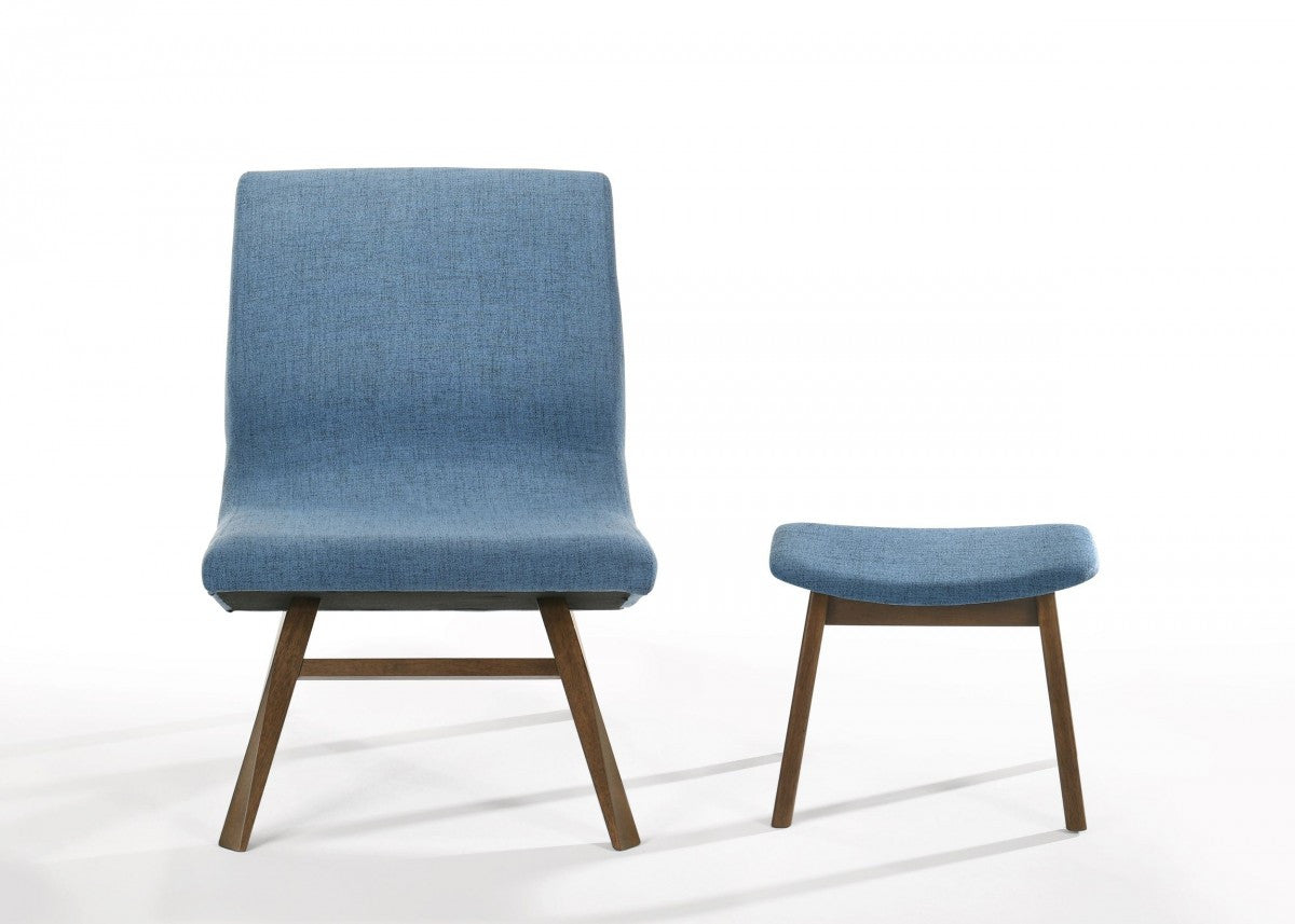 22" Blue And Walnut Solid Color Lounge Chair With Ottoman - Homeroots - Flyclothing LLC
